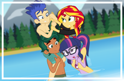 Size: 1120x736 | Tagged: safe, artist:dm29, character:flash sentry, character:sunset shimmer, character:timber spruce, character:twilight sparkle, character:twilight sparkle (scitwi), species:eqg human, equestria girls:legend of everfree, g4, my little pony: equestria girls, my little pony:equestria girls, bare chest, belly button, camp everfree, clothing, swimsuit, topless