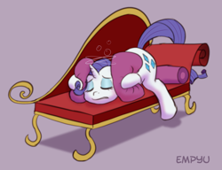 Size: 1000x767 | Tagged: safe, artist:empyu, character:rarity, couch, female, hangover, headache, solo