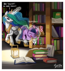 Size: 1052x1149 | Tagged: safe, artist:mysticalpha, character:princess celestia, character:twilight sparkle, species:alicorn, species:pony, species:unicorn, angry, book, bookshelf, candle, cute, dark, dark magic, duo, eyes closed, female, filly, filly twilight sparkle, frown, glare, heartbreak, hilarious in hindsight, imminent spanking, lantern, library, magic, mare, open mouth, pictogram, raised hoof, raised leg, scolding, skull, telekinesis, younger