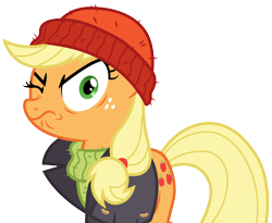 Size: 3703x3040 | Tagged: safe, artist:cloudyglow, character:applejack, species:pony, episode:p.p.o.v. (pony point of view), g4, my little pony: friendship is magic, .ai available, beanie, captain jackbeard, clothing, do ah look angry, female, freckles, hat, looking at you, one eye closed, silly, silly pony, simple background, solo, transparent background, vector, wavy mouth, who's a silly pony