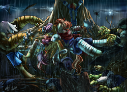 Size: 1647x1200 | Tagged: safe, artist:atryl, character:rainbow dash, character:scootaloo, oc, species:anthro, species:griffon, species:pegasus, species:pony, species:unguligrade anthro, fight, ponified, rain, storm, strider hiryu, wonderbolts uniform