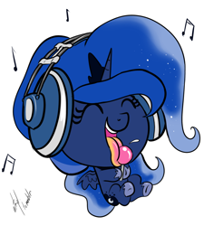 Size: 900x999 | Tagged: safe, artist:atryl, character:princess luna, cute, eyes closed, female, headphones, lollipop, lunabetes, simple background, solo