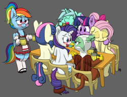 Size: 1280x973 | Tagged: safe, artist:pabbley, character:bon bon, character:fluttershy, character:greta, character:lyra heartstrings, character:rainbow dash, character:rarity, character:sweetie drops, character:twilight sparkle, character:twilight sparkle (alicorn), species:alicorn, species:griffon, species:pony, ship:twishy, 24 hour challenge, alcohol, beer, beer stein, bipedal, blushing, clothing, dirndl, dress, embarrassed, female, gretarity, lesbian, oktoberfest, shipping
