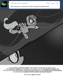 Size: 666x809 | Tagged: safe, artist:egophiliac, character:princess luna, moonstuck, cartographer's bathing cap, cartographer's cap, clothing, female, filly, goggles, hat, monochrome, solo, swimming, swimming cap, swimming goggles, underwater, woona, younger