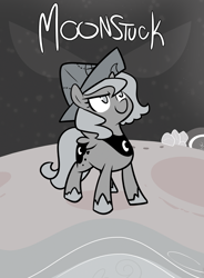 Size: 892x1210 | Tagged: safe, artist:egophiliac, character:princess luna, moonstuck, cartographer's cap, clothing, female, filly, grayscale, hat, monochrome, moon, moon rock, poster, solo, woona, younger