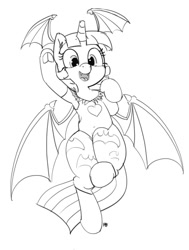 Size: 967x1280 | Tagged: safe, artist:pabbley, character:twilight sparkle, character:twilight sparkle (alicorn), species:alicorn, species:pony, bat wings, clothing, costume, darkstalkers, female, flying, head wings, monochrome, morrigan aensland, open mouth, solo