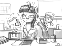 Size: 800x603 | Tagged: safe, artist:johnjoseco, character:derpy hooves, character:twilight sparkle, species:pegasus, species:pony, clothing, female, glasses, grayscale, lab, lab coat, laboratory, mare, monochrome, science, test tube