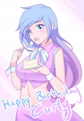 Size: 1280x1835 | Tagged: safe, artist:jonfawkes, oc, oc only, oc:artshine, species:human, belly button, cake, food, humanized, humanized oc, looking at you, midriff, solo