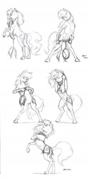 Size: 1000x1984 | Tagged: safe, artist:baron engel, oc, oc only, oc:carousel, species:pony, bipedal, dressing, harness, monochrome, pencil drawing, sketch, traditional art