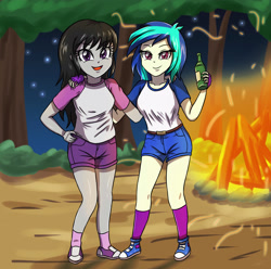 Size: 3507x3472 | Tagged: safe, artist:sumin6301, character:dj pon-3, character:octavia melody, character:vinyl scratch, equestria girls:legend of everfree, g4, my little pony: equestria girls, my little pony:equestria girls, camper, campfire, clothing, converse, duo, forest, legs, looking at you, shoes, smiling, sneakers, socks