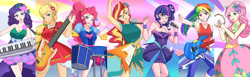 Size: 3000x924 | Tagged: safe, artist:jonfawkes, character:applejack, character:fluttershy, character:pinkie pie, character:rainbow dash, character:rarity, character:sunset shimmer, character:twilight sparkle, character:twilight sparkle (scitwi), species:eqg human, equestria girls:legend of everfree, g4, my little pony: equestria girls, my little pony:equestria girls, bass guitar, clothing, crystal gala, dress, drum kit, drums, drumsticks, electric guitar, flying v, glasses, group, guitar, human coloration, keytar, legend you were meant to be, microphone, musical instrument, open mouth, pants, tambourine, the rainbooms, wink