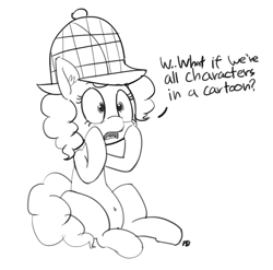 Size: 2157x2131 | Tagged: safe, artist:pabbley, character:pinkie pie, species:earth pony, species:pony, belly button, clothing, deerstalker, dialogue, existential crisis, female, hat, mare, monochrome, sitting, solo, sudden clarity pinkie pie, sudden realization