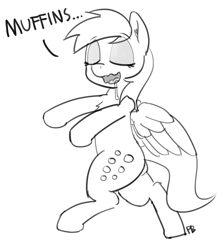 Size: 1280x1443 | Tagged: safe, artist:pabbley, character:derpy hooves, species:pony, bipedal, dialogue, drool, female, monochrome, sleeping, sleepwalking, solo, that pony sure does love muffins