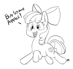Size: 1280x1200 | Tagged: safe, artist:pabbley, character:apple bloom, friendship is witchcraft, apple bloom's bow, bow, buy some apples, cutie mark, dialogue, ear fluff, female, hair bow, monochrome, open mouth, solo, the cmc's cutie marks