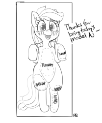 Size: 1280x1541 | Tagged: safe, artist:pabbley, character:applejack, anatomy, belly button, blushing, dialogue, female, monochrome, on back, solo