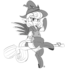 Size: 1280x1316 | Tagged: safe, artist:pabbley, character:posey shy, bedroom eyes, book, cape, clothing, crossover, flying broomstick, gloves, grayscale, hat, looking at you, mercy, monochrome, overwatch, shirt, shoes, simple background, smiling, socks, solo, thigh highs, white background, witch, witch hat