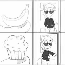 Size: 1280x1280 | Tagged: safe, artist:pabbley, character:derpy hooves, species:pony, banana, bipedal, bouncer, clothing, comic, food, jacket, meme, monochrome, muffin, sunglasses