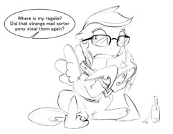 Size: 1280x989 | Tagged: safe, artist:silfoe, character:princess celestia, oc, oc only, oc:silfoe, royal sketchbook, accessory theft, alcohol, bottle, cardboard wings, dialogue, fake alicorn, fake wings, floppy ears, frown, glasses, grayscale, hoof hold, jewelry, monochrome, offscreen character, regalia, solo, speech bubble, wide eyes