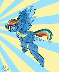 Size: 1200x1453 | Tagged: safe, artist:atryl, character:rainbow dash, species:anthro, species:pegasus, species:pony, species:unguligrade anthro, abstract background, anatomically incorrect, ass, clothing, female, flying, goggles, incorrect leg anatomy, smiling, solo, uniform, waving, wonderbolts uniform