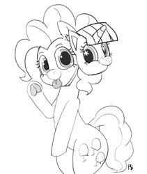 Size: 1280x1517 | Tagged: safe, artist:pabbley, character:pinkie pie, character:twilight sparkle, 30 minute art challenge, cute, diapinkes, faec, female, frog (hoof), grayscale, hoofbutt, lineart, mask, meme, monochrome, smirk, solo, starry eyes, tongue out, twiface, underhoof, waving, wingding eyes, wrong neighborhood