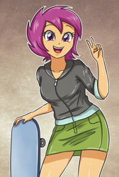 Size: 2321x3461 | Tagged: safe, artist:sumin6301, character:scootaloo, species:pegasus, species:pony, my little pony:equestria girls, clothing, cute, cutealoo, female, happy, hoodie, looking at you, miniskirt, older, open mouth, peace sign, skateboard, skirt, skirtaloo, smiling, solo, thighs