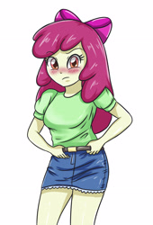 Size: 2362x3472 | Tagged: safe, artist:sumin6301, character:apple bloom, my little pony:equestria girls, adorabloom, blushing, bow, breasts, busty apple bloom, clothing, cute, denim skirt, female, hair bow, older, skirt, solo