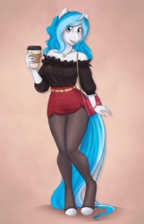 Size: 2437x3789 | Tagged: safe, artist:askbubblelee, oc, oc only, oc:bubble lee, oc:imago, species:anthro, species:pony, species:unguligrade anthro, species:unicorn, anthro oc, both cutie marks, clothing, coffee, handbag, jewelry, lipstick, looking at you, necklace, shorts, shoulderless, solo
