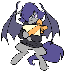 Size: 670x743 | Tagged: safe, artist:egophiliac, oc, oc only, oc:dusk rhine, species:bat pony, species:pony, derpibooru community collaboration, 2017 community collab, clothing, cute, fangs, gift wrapped, glasses, hoodie, looking at you, male, present, simple background, smiling, solo, stallion, transparent background