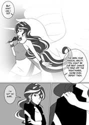 Size: 1280x1802 | Tagged: safe, artist:jonfawkes, character:sunset shimmer, character:twilight sparkle, series:nightmare war, my little pony:equestria girls, black and white, comic, dialogue, faceless female, female, grayscale, monochrome, offscreen character, speech bubble