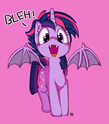 Size: 1737x1971 | Tagged: safe, artist:pabbley, character:twilight sparkle, character:twilight sparkle (alicorn), species:alicorn, species:bat pony, species:pony, alternate hairstyle, bat ponified, bat pony alicorn, bleh, cute, cute little fangs, fangs, female, looking at you, mare, open mouth, punklight sparkle, race swap, simple background, smiling, solo, spread wings, story in the source, twiabetes, twibat, vampire, vampony, wings