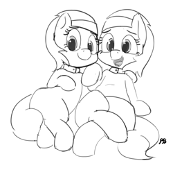 Size: 1280x1252 | Tagged: safe, artist:pabbley, character:aloe, character:lotus blossom, cute, monochrome, on back, open mouth, simple background, spa twins, spaww twins, white background