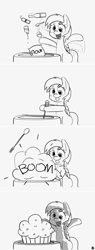 Size: 727x1920 | Tagged: safe, artist:pabbley, character:derpy hooves, species:pony, bipedal, blep, cannon, comic, cooking, cute, derpabetes, dynamite, egg, explosion, explosives, food, giant muffin, hoof hold, monochrome, muffin, open mouth, simple background, smiling, spoon, stirring, throwing, tongue out, wat, white background