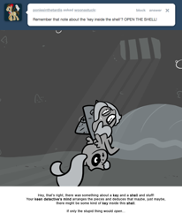 Size: 666x809 | Tagged: safe, artist:egophiliac, character:princess luna, moonstuck, cartographer's cap, clothing, dungeon, female, filly, hat, monochrome, oyster, solo, underwater, woona, woonoggles, younger