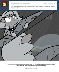 Size: 666x809 | Tagged: safe, artist:egophiliac, character:princess luna, moonstuck, cartographer's comically oversized oyster shucker, dungeon, female, filly, monochrome, oyster, solo, woona, younger