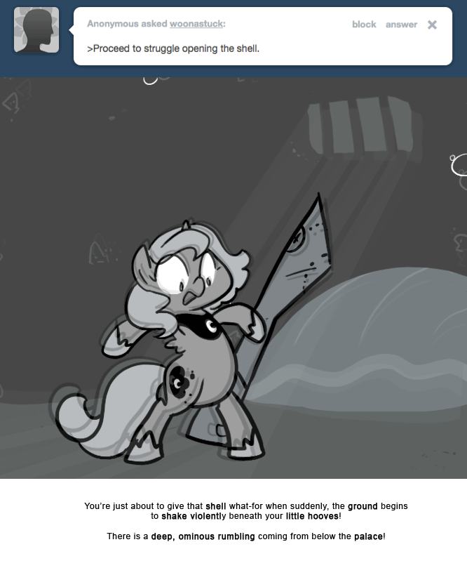 Size: 666x809 | Tagged: safe, artist:egophiliac, character:princess luna, species:pony, moonstuck, animated, bipedal, cartographer's comically oversized oyster shucker, dungeon, earthquake, female, filly, gif, monochrome, oyster, shaking, solo, underwater, woona, younger