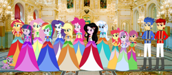 Size: 1970x856 | Tagged: safe, artist:karalovely, artist:selenaede, character:apple bloom, character:applejack, character:flash sentry, character:fluttershy, character:pinkie pie, character:rainbow dash, character:rarity, character:scootaloo, character:spike, character:sunset shimmer, character:sweetie belle, character:trixie, character:twilight sparkle, character:twilight sparkle (alicorn), character:twilight sparkle (scitwi), oc, oc:kara lovely, oc:track sonter, species:alicorn, species:dog, species:eqg human, species:pegasus, species:pony, my little pony:equestria girls, barbie, barbie in the 12 dancing princesses, clothing, crossover, cutie mark crusaders, dress, humane five, humane seven, humane six, long dress, mary sue, royalty, spike the dog