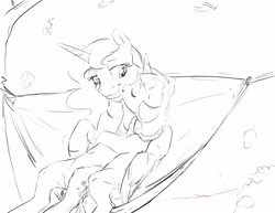 Size: 3300x2550 | Tagged: safe, artist:silfoe, character:princess luna, character:twilight sparkle, character:twilight sparkle (alicorn), species:alicorn, species:pony, ship:twiluna, belly button, black and white, cuddling, eyes closed, female, grayscale, hammock, kiss on the cheek, kissing, lesbian, mare, monochrome, other royal book, shipping, simple background, smiling, snuggling, white background