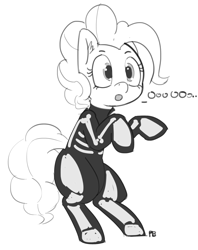 Size: 1280x1620 | Tagged: safe, artist:pabbley, character:pinkie pie, bodysuit, clothing, costume, female, monochrome, simple background, skeleton costume, solo, white background