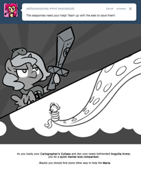 Size: 666x809 | Tagged: safe, artist:egophiliac, character:princess luna, moonstuck, anguilla armor, cartographer's cutlass, female, filly, giant squid, monochrome, solo, tentacles, thought bubble, woona, younger