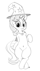 Size: 1086x1920 | Tagged: safe, artist:pabbley, character:starlight glimmer, species:pony, species:unicorn, accessory swap, belly button, bipedal, cute, female, glimmerbetes, looking at you, mare, monochrome, simple background, smiling, solo, the great and powerful, trixie's cape, trixie's hat, white background