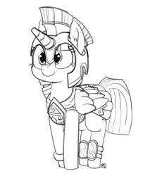Size: 1280x1500 | Tagged: safe, artist:pabbley, character:twilight sparkle, character:twilight sparkle (alicorn), species:alicorn, species:pony, armor, athena sparkle, clothing, costume, cute, female, monochrome, simple background, solo, twiabetes, white background