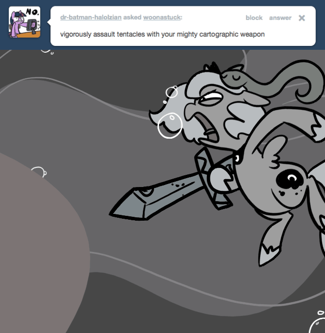 Size: 666x682 | Tagged: safe, artist:egophiliac, character:princess luna, moonstuck, anguilla armor, animated, cartographer's cutlass, filly, giant squid, gif, monochrome, underwater, woona, woonoggles, younger
