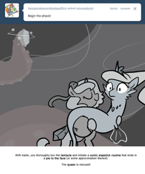 Size: 666x800 | Tagged: safe, artist:egophiliac, character:princess luna, oc, oc:serenitatis, species:sea pony, moonstuck, anguilla armor, carrying, cartographer's cutlass, filly, food, giant squid, grayscale, monochrome, pie, popeye arms, tentacles, wide eyes, woona, younger