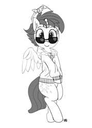 Size: 1280x1789 | Tagged: safe, artist:pabbley, character:twilight sparkle, character:twilight sparkle (alicorn), species:alicorn, species:pony, alternate hairstyle, bipedal, clothing, commander easy glider, female, jacket, looking at you, monochrome, punklight sparkle, simple background, solo, sunglasses, white background