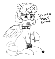 Size: 1280x1364 | Tagged: safe, artist:pabbley, character:princess flurry heart, species:alicorn, species:pony, bracelet, choker, dialogue, ear fluff, ear piercing, eyeshadow, female, grayscale, it's a phase, it's not a phase, jewelry, makeup, metallica, monochrome, older, open mouth, piercing, princess emo heart, punk, raised hoof, rebellious teen, simple background, sitting, solo, spiked choker, spread wings, teenage flurry heart, teenager, white background, wing piercing, wings, wristband