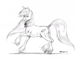 Size: 1400x1069 | Tagged: safe, artist:baron engel, oc, oc only, species:pony, dock, fabio lanzoni, glare, grayscale, looking at you, monochrome, pencil drawing, ponified, raised hoof, raised leg, simple background, sketch, smirk, solo, traditional art, unshorn fetlocks, white background, windswept mane