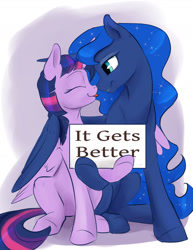 Size: 1280x1656 | Tagged: safe, artist:silfoe, character:princess luna, character:twilight sparkle, character:twilight sparkle (alicorn), species:alicorn, species:pony, ship:twiluna, blep, boop, cute, eyes closed, female, grin, hug, inspirational, it gets better, lesbian, lidded eyes, mare, missing accessory, nose wrinkle, noseboop, nuzzling, positive message, positive ponies, shipping, sign, sitting, smiling, tongue out, twiabetes, winghug
