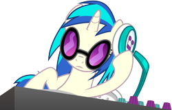 Size: 4914x3149 | Tagged: safe, artist:cloudyglow, character:dj pon-3, character:vinyl scratch, species:pony, species:unicorn, episode:slice of life, g4, my little pony: friendship is magic, absurd resolution, female, headphones, hooves, horn, mare, mixing console, simple background, solo, sunglasses, transparent background, turntable, vector