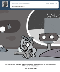Size: 666x800 | Tagged: safe, artist:egophiliac, character:princess luna, moonstuck, book, cartographer's cap, clothing, filly, grayscale, hat, lunar stone, monochrome, observatory, woona, younger
