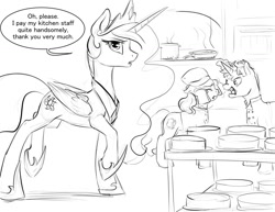 Size: 1280x989 | Tagged: safe, artist:silfoe, character:princess celestia, species:alicorn, species:pony, royal sketchbook, and that's terrible, cake, cakelestia, chef, dialogue, eyes closed, female, floppy ears, food, fourth wall, frown, glare, glowing horn, gordon ramsay, grayscale, hell's kitchen, idiot sandwich, kitchen, levitation, looking at you, magic, male, mare, monochrome, open mouth, ponified, raised hoof, raised leg, scared, speech bubble, stallion, tartarus' kitchen, telekinesis, yelling